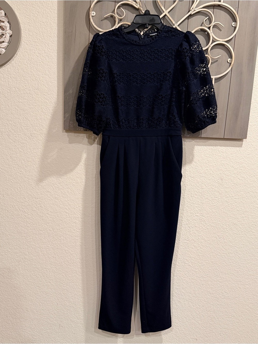 Express Navy Lace Puff-Sleeve Jumpsuit with High Waist